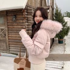 批发小镇姗姗 雪映阑珊~仿真貉子毛领棉服<b class='q'>女</b>冬防风短款连帽小个子外套