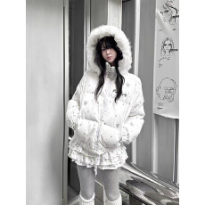 批发咖喱人冬季可爱星星印花毛领连帽棉<b class='q'>服</b>外套女新款加厚保暖上衣<b class='q'>学生</b>