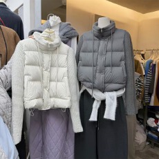 批发羽绒棉服女短款简约宽松大码2026拼接针织袖轻薄外套棉衣