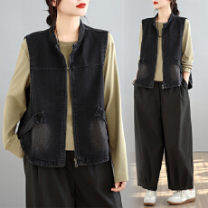 实拍    春款复古水洗牛仔马甲休闲宽松显瘦立领无袖外套女