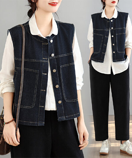 실사 빅 사이즈 여성 의류 새로운 레트로 스택 착용 데님 베스트 캐주얼 어깨 조끼 자켓