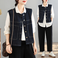 批发实拍 大码<b class='q'>女装</b>新款复古叠穿牛仔马甲<b class='q'>休闲</b>坎肩背心<b class='q'>外套</b>