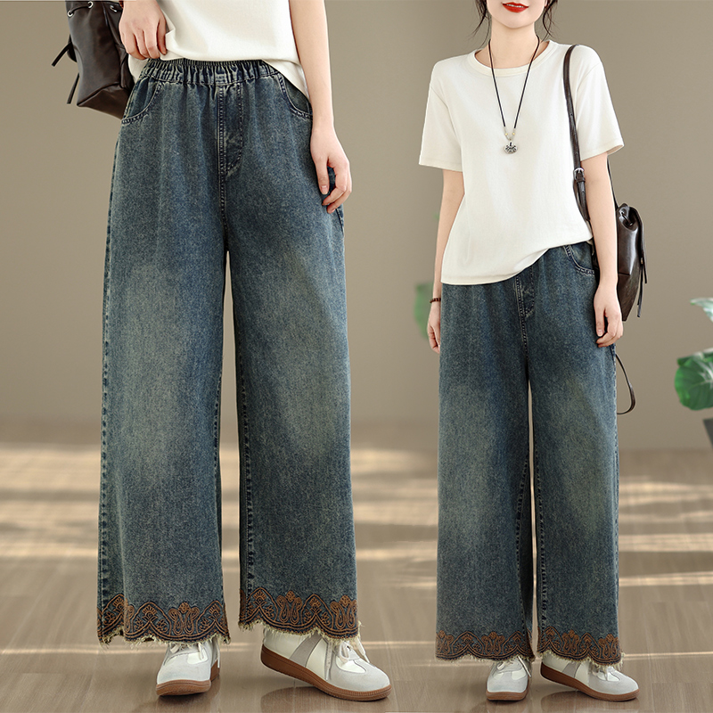실사 지방 mm 봄 여름 새로운 캐주얼 자수 레트로 다용도 데님 스트레이트 9부 바지