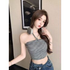 批发法式纯欲无肩带条纹短款抹胸女夏绑带裹胸内搭美背修身上衣<b class='q'>打底衫</b>