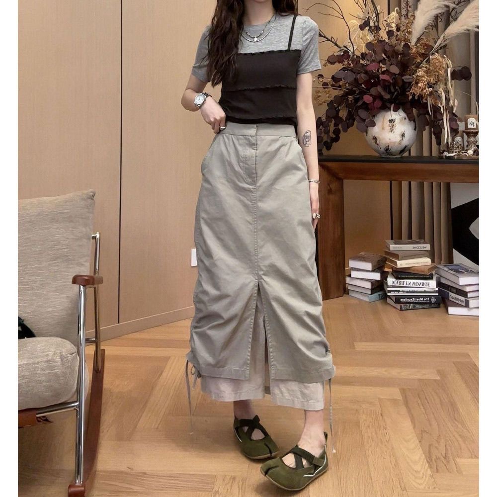 거리 개성 펌프 Pleat 페이크 레이어드 반신 스커트 여성 여름 슬림해 보이는 다용도 트임 루즈핏 슬림해 보이는 워크웨어 롱 코트 치마