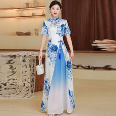 批发青花瓷舞台走秀旗袍女中式国风大合唱团主持人礼服高端演出服长款