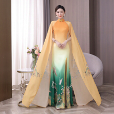 新中式改良水袖走秀舞蹈舞T台商演礼仪车展旗袍大赛中老年演出服