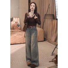 批发秋冬新款<b class='q'>时尚</b>V领系带褶皱长袖女显瘦修身打底T恤+牛仔裤