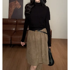 批发高腰显瘦<b class='q'>百搭</b>休闲抽褶花苞A字上衣半身裙女针织套装