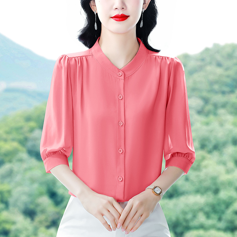 실사 2026 봄 여름 새로운 외국 가스 7부 소매 맨위 품격 연령 감소 라운드 넥 셔츠 여성 빅 사이즈 작은 셔츠