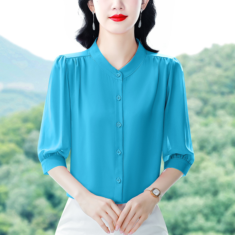 실사 2026 봄 여름 새로운 외국 가스 7부 소매 맨위 품격 연령 감소 라운드 넥 셔츠 여성 빅 사이즈 작은 셔츠