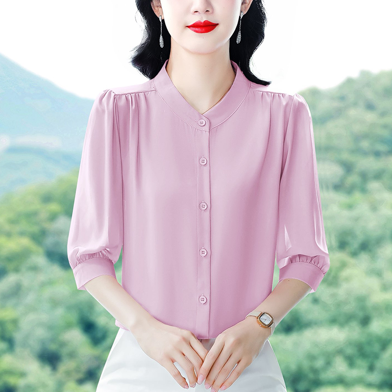 실사 2026 봄 여름 새로운 외국 가스 7부 소매 맨위 품격 연령 감소 라운드 넥 셔츠 여성 빅 사이즈 작은 셔츠
