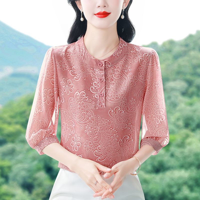 실사 2026 여름 새로운 슬림해 보이는 다용도 품격 슬림해 보이는 라운드 넥 7부 소매 여성 셔츠