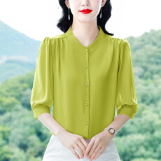 批发实拍 2026春夏新款洋气七分袖上衣气质减龄圆领衬衫女士<b class='q'>大码</b>小衫