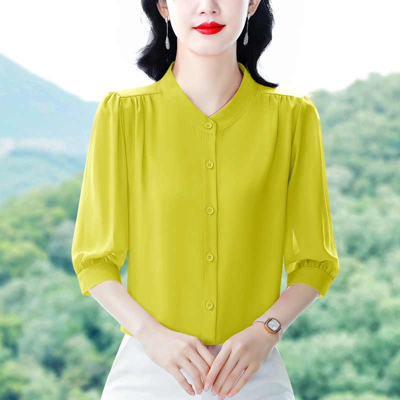 실사 2026 봄 여름 새로운 외국 가스 7부 소매 맨위 품격 연령 감소 라운드 넥 셔츠 여성 빅 사이즈 작은 셔츠
