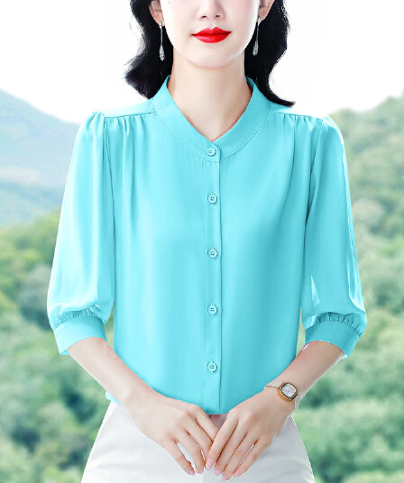 실사 2026 여름 새로운 외국 가스 7부 소매 맨위 품격 연령 감소 라운드 넥 셔츠 여성 빅 사이즈 작은 셔츠