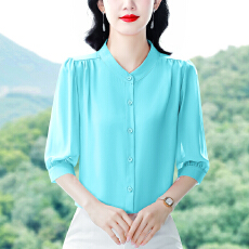 批发实拍 2026夏新款洋气七分袖上衣气质减龄圆领<b class='q'>衬衫</b>女士大码小衫