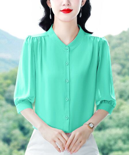 실사 2026 여름 새로운 외국 가스 7부 소매 맨위 품격 연령 감소 라운드 넥 셔츠 여성 빅 사이즈 작은 셔츠