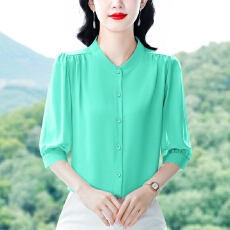 批发实拍 2026夏新款洋气七分袖上衣气质减龄圆领<b class='q'>衬衫</b>女士大码小衫