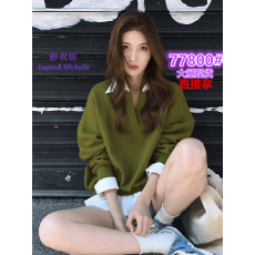 批发2026年早春小个子韩系上衣美式复古慵懒多巴胺绿色V领假两件<b class='q'>卫衣</b>