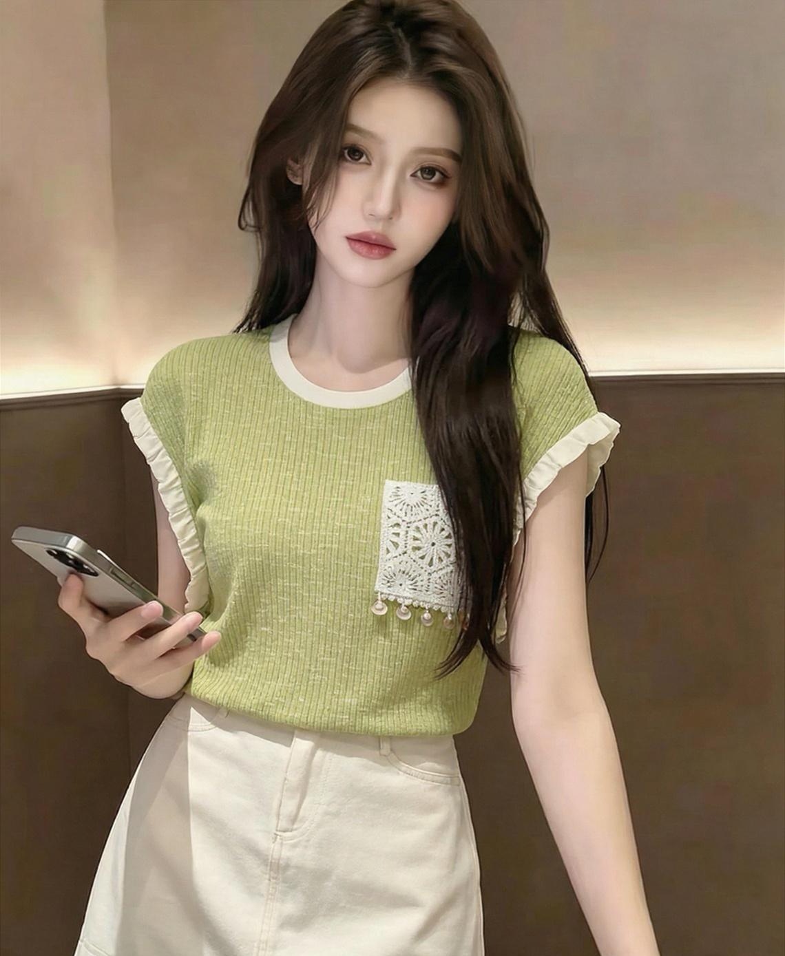 녹색 리프트 과일 레트로 라운드 넥 티셔츠 여성 여름 2025 년 새로운 루즈핏 캐주얼 슬림해 보이는 맨위