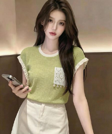 녹색 리프트 과일 레트로 라운드 넥 티셔츠 여성 여름 2025 년 새로운 루즈핏 캐주얼 슬림해 보이는 맨위