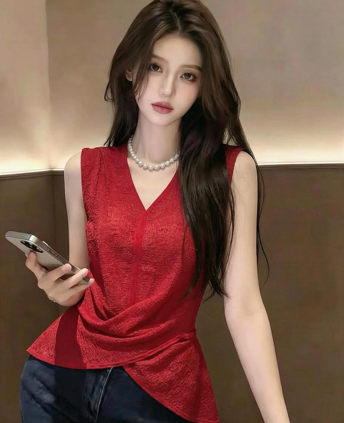 작은 대중 디자인 센스 빨간색 민소매 티셔츠 여성 2026 여름 새로운 한 부서 고유 한 Chic 허리 수축 얇은 스타일 맨위