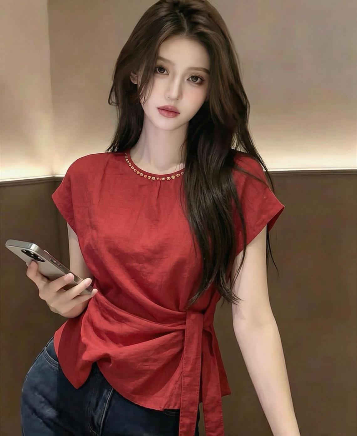 프랑스식 품격 레트로 라운드 넥 비즈 박기 스트랩 허리 수축 슬림해 보이는 Chic 반팔 여성 셔츠 2026 여름 새로운 트렌디