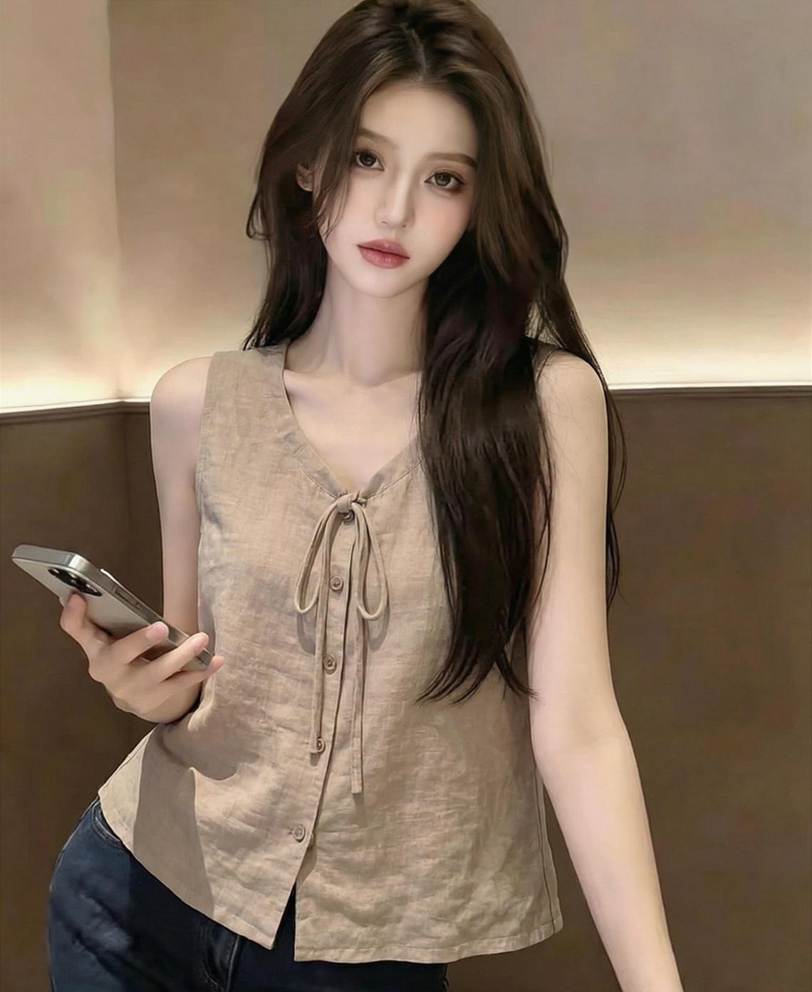 커피 색상 라미 고급 민소매 맨위 여성 2026 새로운 폭발 루즈핏 슬림해 보이는 슈퍼 잘 생긴 고유 한 아름다운 작은 셔츠
