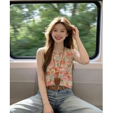 批发夏季独特超好看多巴胺印花无袖<b class='q'>衬衫</b>女设计感小个子绝美正肩薄上衣