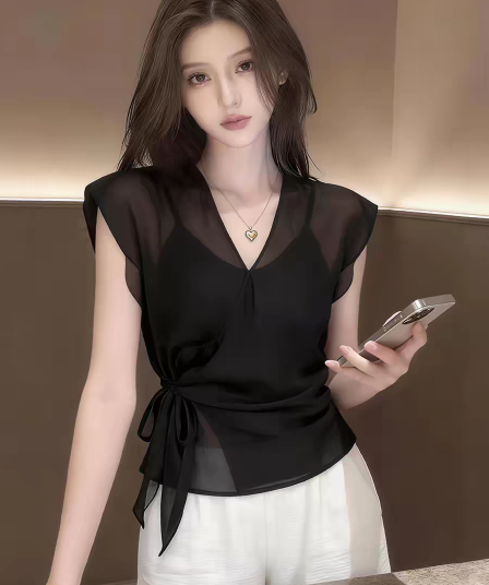 로얄 자매 바람 검정색 V넥 마이크로 ~을 통해 쇼트 스타일 쉬폰 여성 셔츠 2026 여름 새로운 레이스업 허리 수축 싱글 착용 맨위