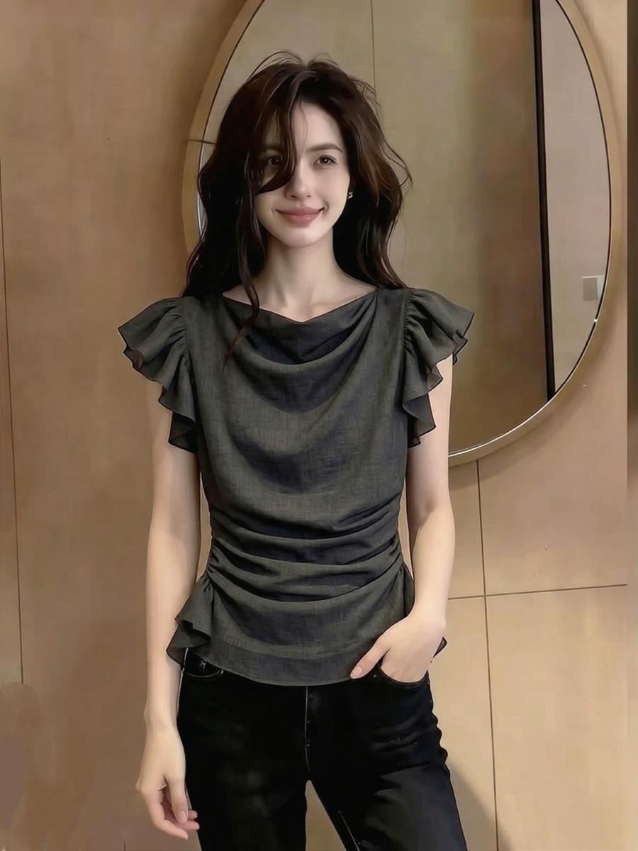 프랑스식 품격 프릴 반팔 티셔츠 여성 여름 허리 수축 디자인 센스 작은 대중 불규칙 고급 센스 Chic 맨위