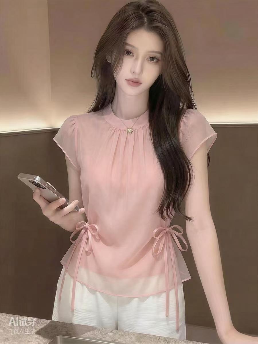 2026 새로운 여름 연령 감소 작은 대중 고유 한 아름다운 세련된 외국 가스 작은 대중 디자인 핑크색 허리 수축 나비 매듭 맨위