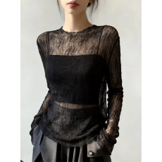 批发设计感<b class='q'>蕾丝</b>镂空长袖T恤女2026年早秋黑色透视薄纱打底衫上衣