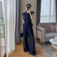 批发2026年 夏季<b class='q'>新款</b> 藏青无袖收腰衬衫阔腿裤套装女 通勤休闲两件套