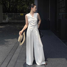 批发2026年夏季新款慵懒风棉麻无袖马甲 + 垂感阔腿<b class='q'>裤</b> <b class='q'>温柔</b>系通勤套装