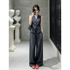 批发2026 夏季新款<b class='q'>牛仔</b>蓝收腰西装马甲阔腿裤套装女 韩系显瘦两件套