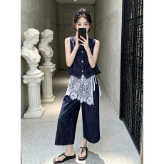 批发<b class='q'>牛仔</b><b class='q'>马甲</b>阔腿裤蕾丝屁帘叠穿套装2026女夏季新款韩系设计感三件套