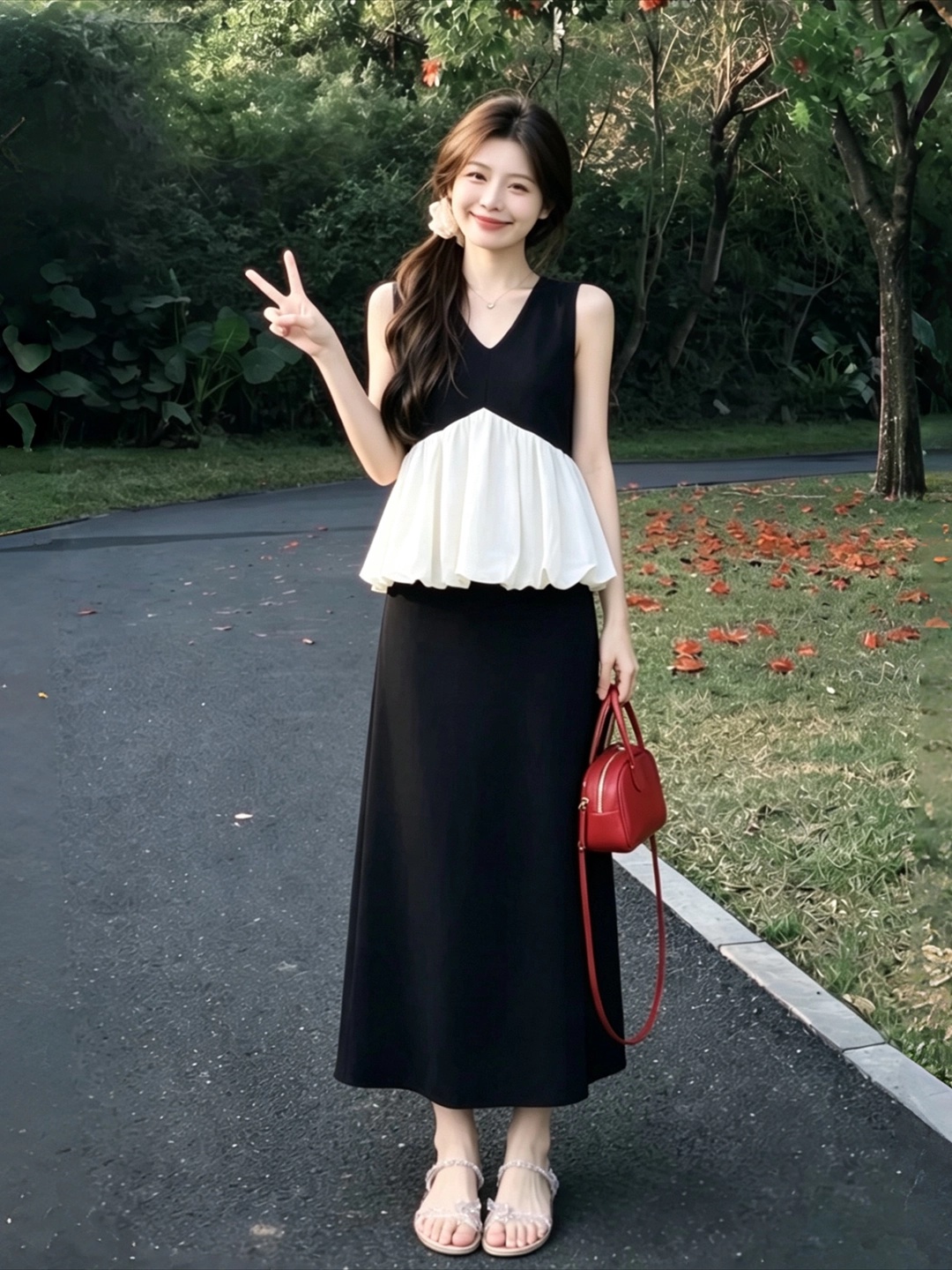 프랑스식 흑인과 백인 패치워크 민소매 조끼 여성 쉬폰 연꽃 잎 맨위 하이웨이스트 트임 반신 롱 스커트 투피스 세트