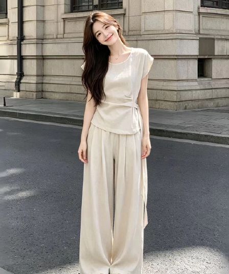 여름 게으른 여행 세트 얇고 가벼운 면 린넨 허리 수축 반팔 루즈핏 플리츠 와이드 레그 팬츠 착용 가져 가라. 투피스 세트