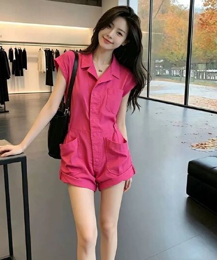 2026 여름 도파민 로즈 레드 민소매 올인원 반바지 여성 허리 수축 레이스업 연령 감소 워크웨어 올인원 반바지