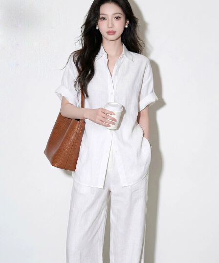 익스트림 제인 순수한 흰색 아마 세트 여성 여름 폴로 칼라 볼륨 측면 반팔 셔츠 하이웨이스트 도루 센스 넓은 다리 길이 바지 투피스 세트