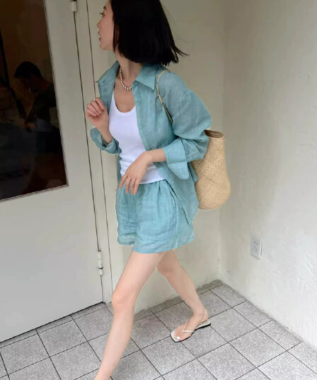 느슨함 센스 하늘빛 색상 아마 투피스 세트 얇고 가벼운 통기성 자외선 차단 셔츠 넓은 다리가 짧다. 바지 출퇴근 세트 투피스 세트
