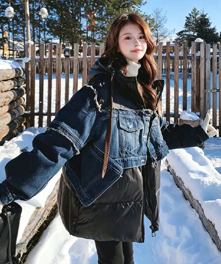 2026 겨울 새로운 데님 패치워크 다운 재킷 여성 거친 가장자리 페이크 레이어드 자수 후드 루즈핏 두꺼운 재킷