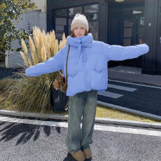 批发韩系蝴蝶结连帽白鸭绒羽绒服女2026<b class='q'>冬</b>季新款宽松加厚小个子面包服