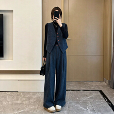 批发2026秋冬新款韩系肌理感<b class='q'>马甲</b>套装女 西装<b class='q'>马甲</b>高腰阔腿裤两件套