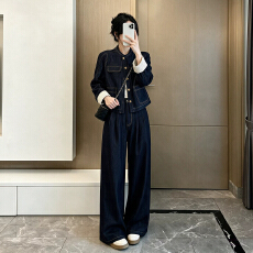 批发2026秋季新款休闲减龄<b class='q'>牛仔</b><b class='q'>套装</b>女明线设计短外套阔腿裤通勤两件套