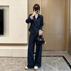 批发2026秋季新款简约通勤仿<b class='q'>牛仔</b>套装女 撞色条纹袖口上衣 阔腿裤套装