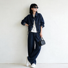 批发2026秋季新款原色<b class='q'>牛仔</b>套装女 抽绳短款<b class='q'>牛仔</b><b class='q'>外套</b>+高腰阔腿裤两件套