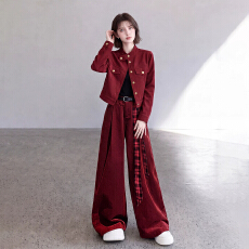 批发2026秋冬新款酒红立领短外套套装<b class='q'>女</b> 格纹飘带灯芯绒阔腿裤<b class='q'>两件</b>套